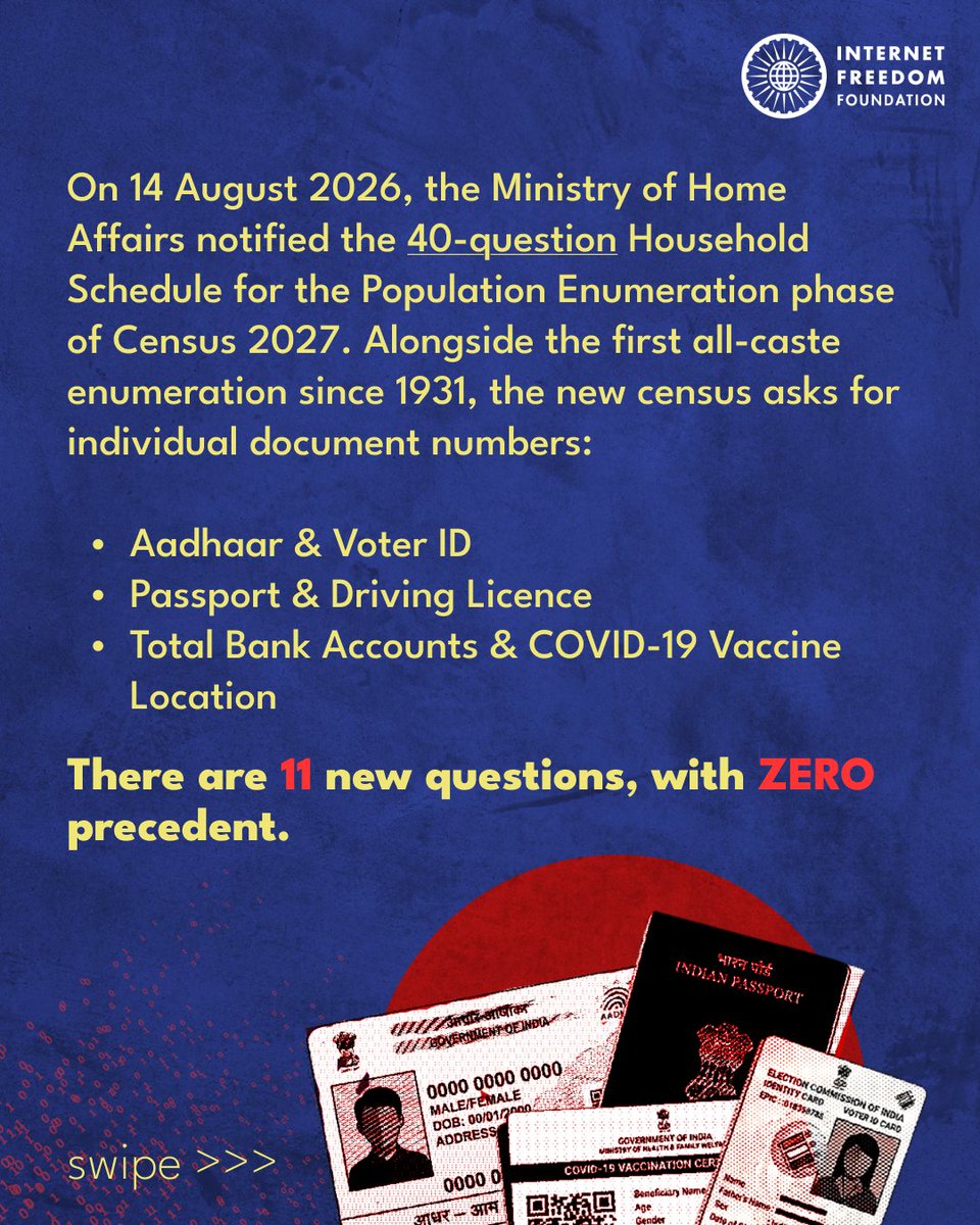 internetfreedom's tweet photo. Census 2027 will ask for your Aadhaar, Voter ID, passport and mobile numbers, alongside your caste and religion. No Indian census has ever asked for a document number.
Putting these identifiers in one record makes it possible to link your census data to other government databases, with no data protection law in force to protect your privacy.