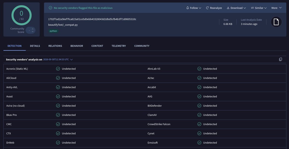nextronresearch's tweet photo. Our THOR Thunderstorm-based artifact scanning pipeline detected a new malicious PyPI package called "beautifyText" with no detections on VT. It contains a cross-platform backdoor and claims to provide harmless text-formatting utilities for terminals, logs, and CLI output.

Installing and importing the package appears routine, but beautifyText/__init__.py silently loads _compat.py. That module launches a detached process and connects to an obfuscated command-and-control server. Moreover, it registers the host, reports system and user information, polls for tasks, executes arbitrary shell commands, reads files for exfiltration, and writes attacker-supplied files.

C2: bleodw[.]wisp[.]uno
PyPI: https://t.co/wxGY1eSDkt

https://t.co/p6fbCPTJ5v