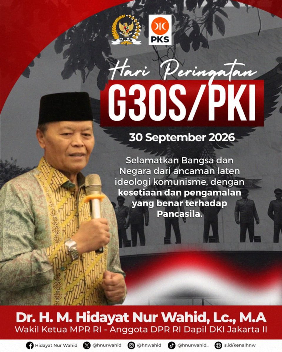 hnurwahid's tweet photo. Memperingati G30S/PKI
30 September 2026

Selamatkan Bangsa dan Negara dari ancaman laten ideologi komunisme, dengan kesetiaan dan pengamalan yang benar terhadap Pancasila. https://t.co/WrU8ShqI40