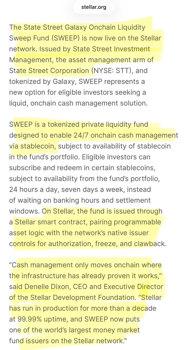 SMQKEDQG's tweet photo. ‼️NEW STATE STREET LIQUIDITY FUND IS NOW LIVE ON THE STELLAR NETWORK‼️

“Stellar has run in production for more than a decade at 99.99% uptime, and SWEEP now puts one of the world's largest money market fund issuers on the Stellar network.”✅

Documented below.📝👇 https://t.co/ynyTUfnls4