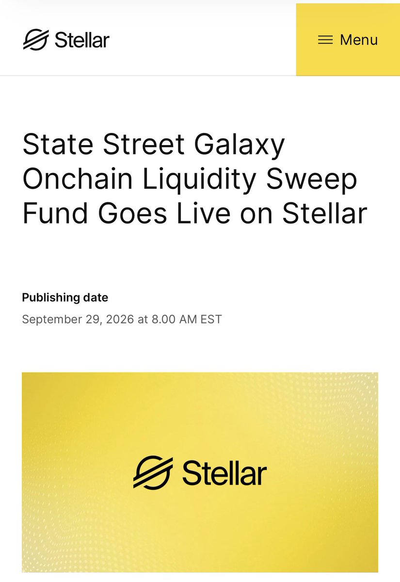 SMQKEDQG's tweet photo. ‼️NEW STATE STREET LIQUIDITY FUND IS NOW LIVE ON THE STELLAR NETWORK‼️

“Stellar has run in production for more than a decade at 99.99% uptime, and SWEEP now puts one of the world's largest money market fund issuers on the Stellar network.”✅

Documented below.📝👇 https://t.co/ynyTUfnls4
