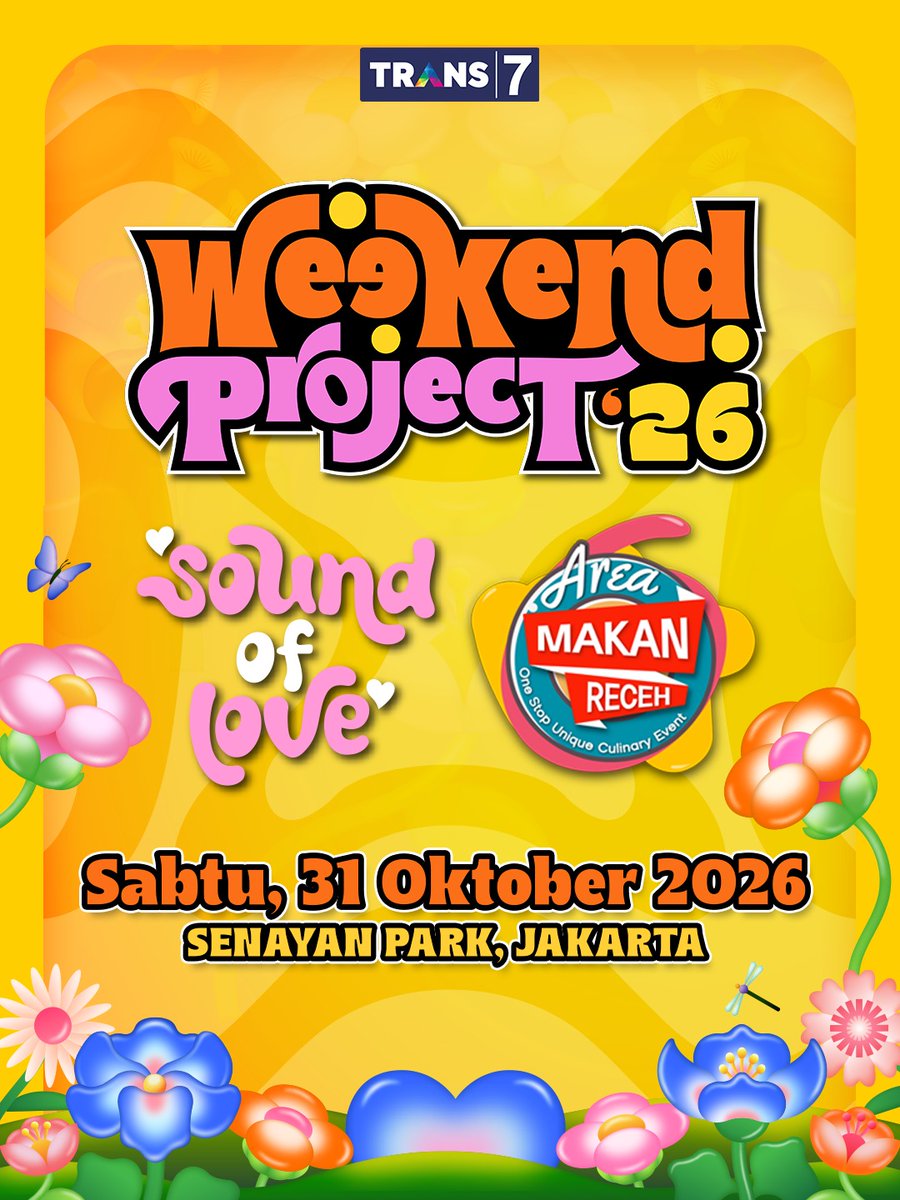 TRANS7's tweet photo. πGuess whoβs back? πβ¨
After a little break, #WeekendProject is finally coming back to bring you another weekend full of good vibes, great tunes and delicious bites ππΆ #WeekendProject2026
ππΌ SAVE THE DATE!
ποΈ Sabtu, 31 Oktober 2026
πͺ SPARK (Senayan Park), Jakarta @senayan.park
Seperti biasa, FREE ENTRY! GRATIS!! Tinggal bawa badan aja~
β’
Follow Instagram @weekendproject.official untuk informasi lengkap tentang Weekend Project!