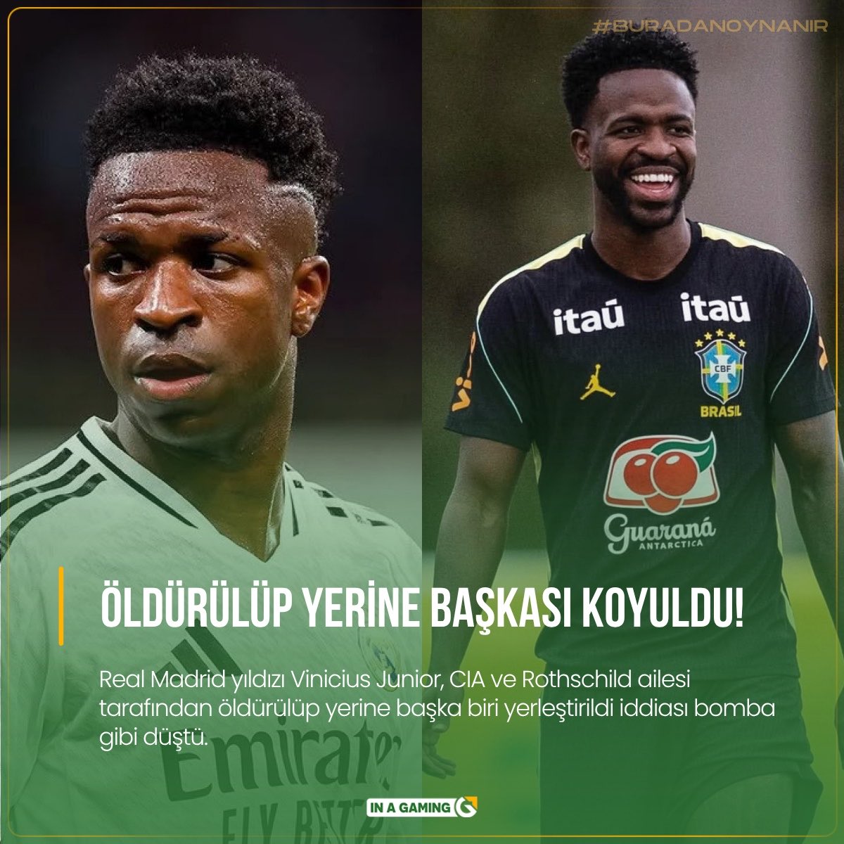 inasosyal's tweet photo. Real Madrid yıldızı Vinicius Junior'un CIA ve Rothschild ailesi tarafından öldürülüp yerine başka birinin yerleştirildiği iddia ediliyor. (Marca) https://t.co/dEvBEg9Ca3