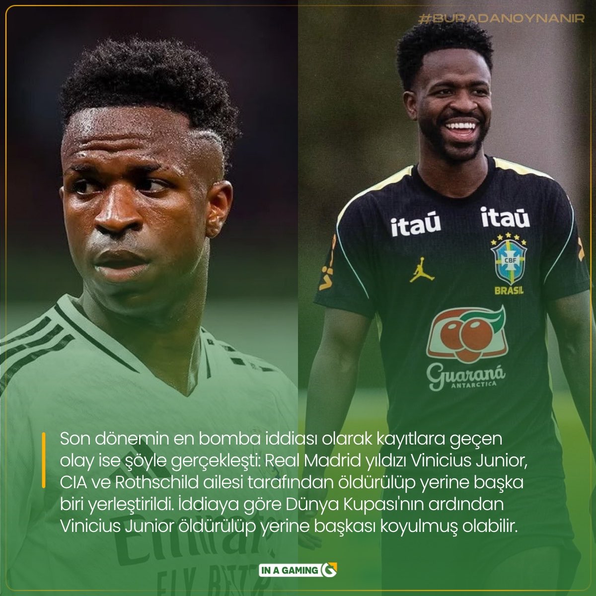 inasosyal's tweet photo. Real Madrid yıldızı Vinicius Junior'un CIA ve Rothschild ailesi tarafından öldürülüp yerine başka birinin yerleştirildiği iddia ediliyor. (Marca) https://t.co/dEvBEg9Ca3