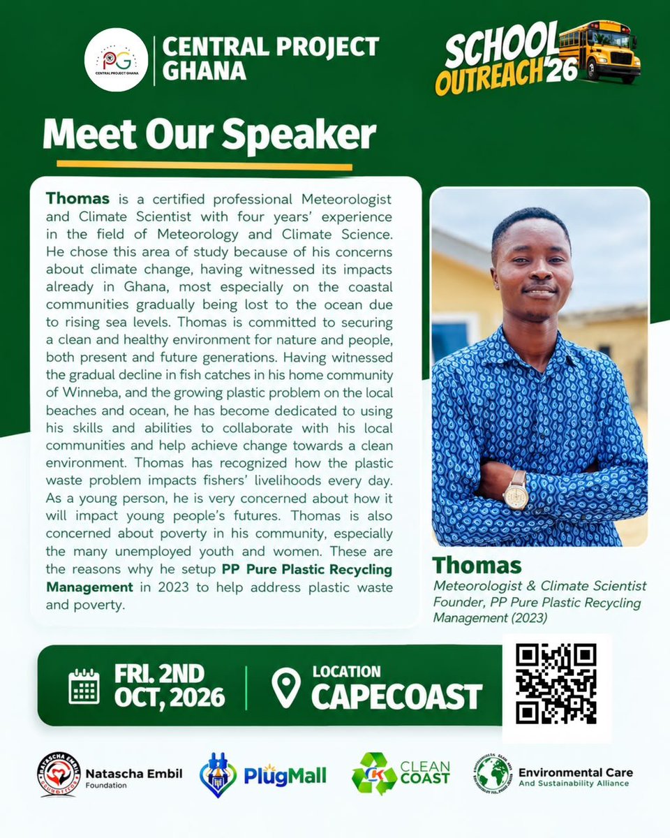 project_ghana1's tweet photo. SPEAKER ANNOUNCEMENT📣
Meet Thomas, a Meteorologist, Climate Scientist &amp; Founder of PP Pure Plastic Recycling Management.
​
​Join us for an inspiring session on climate action &amp; sustainability 🌎💚
​#SchoolOutreach26 #CapeCoast #Youth 
#CentralProjectGhana #Ghana https://t.co/Wvanij5Ky3