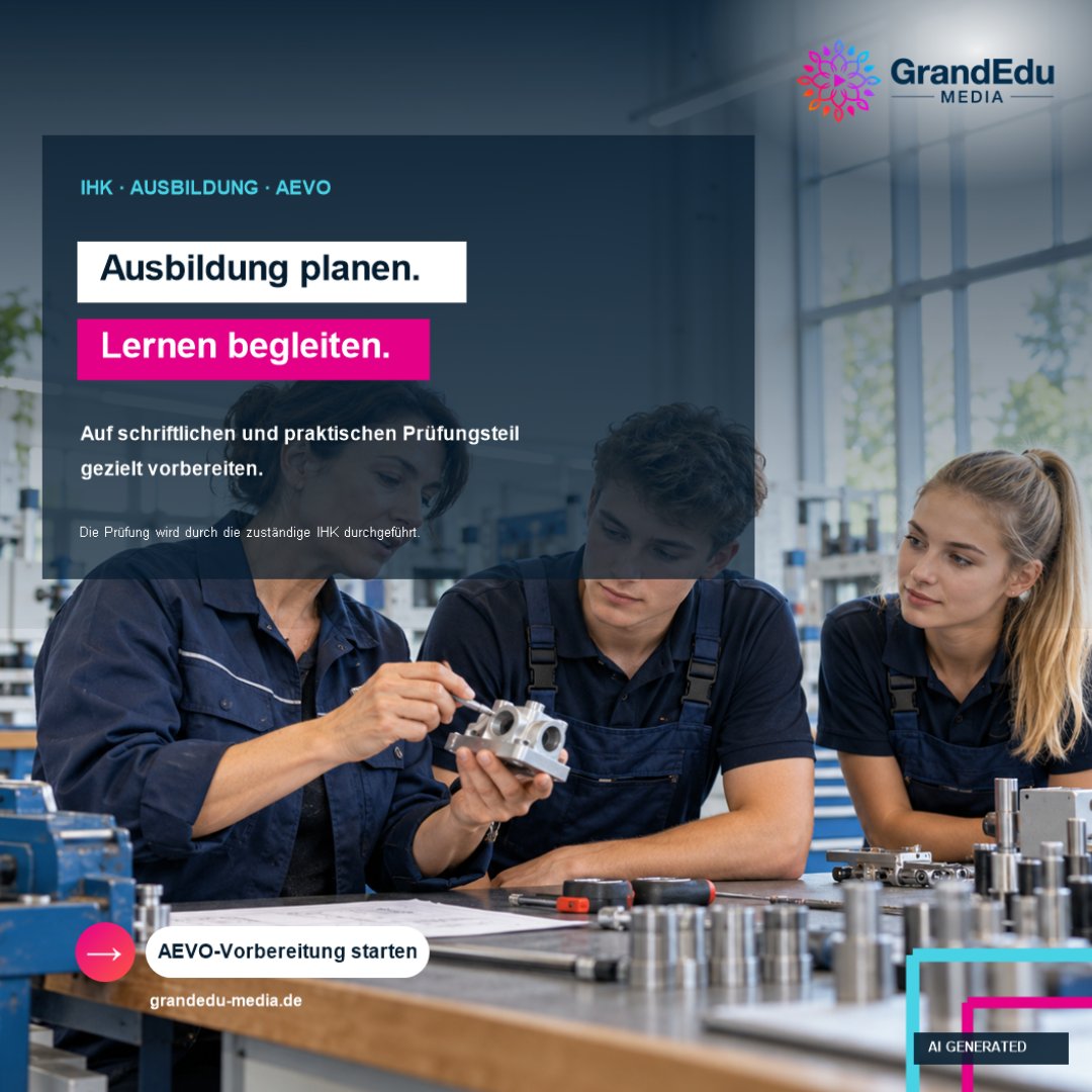 GrandEduMedia's tweet photo. Werbung: Gute Ausbildung braucht Planung, Didaktik und Verantwortung. Der Live-Online-Lehrgang bereitet auf beide Teile der AEVO-Prüfung vor. Prüfung durch die zuständige IHK. https://t.co/bGLU9aaMGS https://t.co/41qDJ3xfnQ