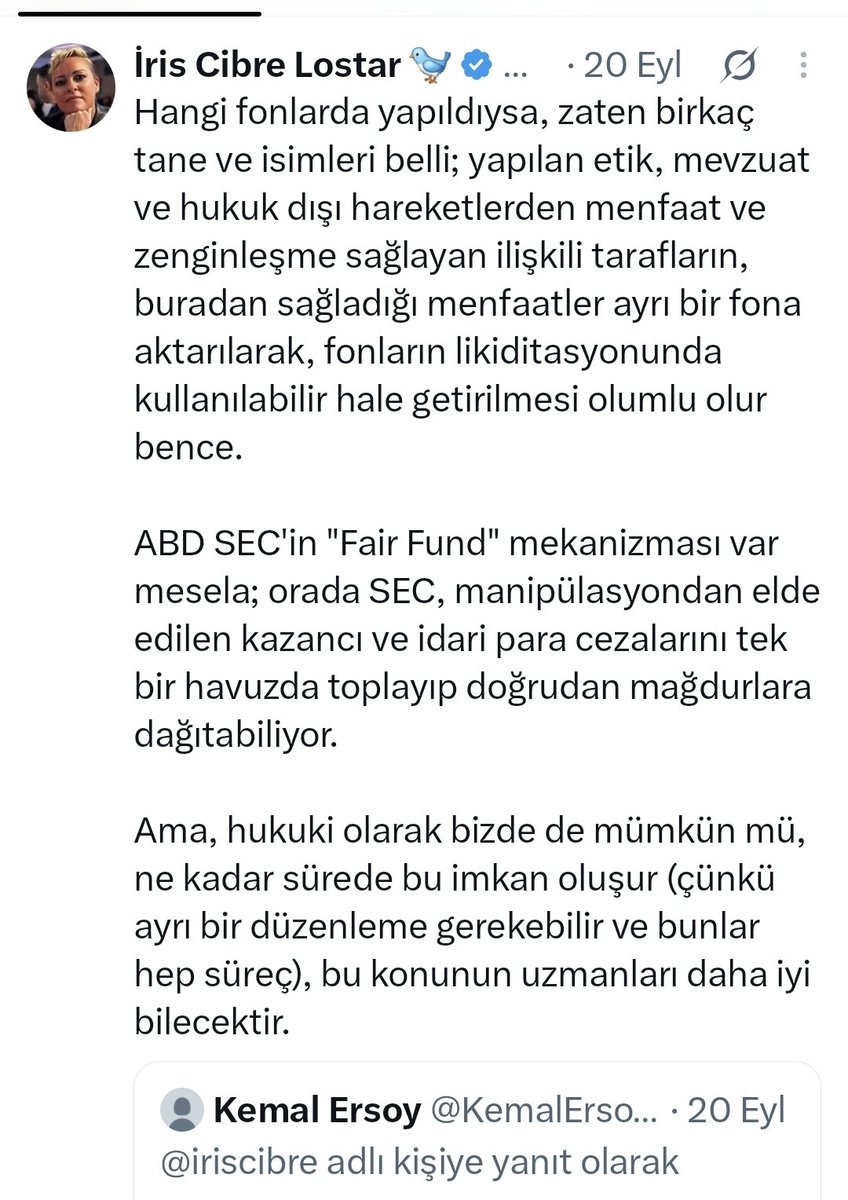 iriscibrelo's tweet photo. Bakan Gürlek "fair fund"  önerime değinmiş. Suçtan elde edilen tüm varlıklar TMSF'ye aktarılacak. Daha sonra da mağdurlara dağıtılacağını umuyorum.

Ayrıca, soruşturmalar sadece bu fonlar kapsamında değil, manipülatif işlemlerden yüksek gelir elde edenlerin de hesap ve bağlantılarının araştırıldığı belirtiliyor.

Büyük temizlik!