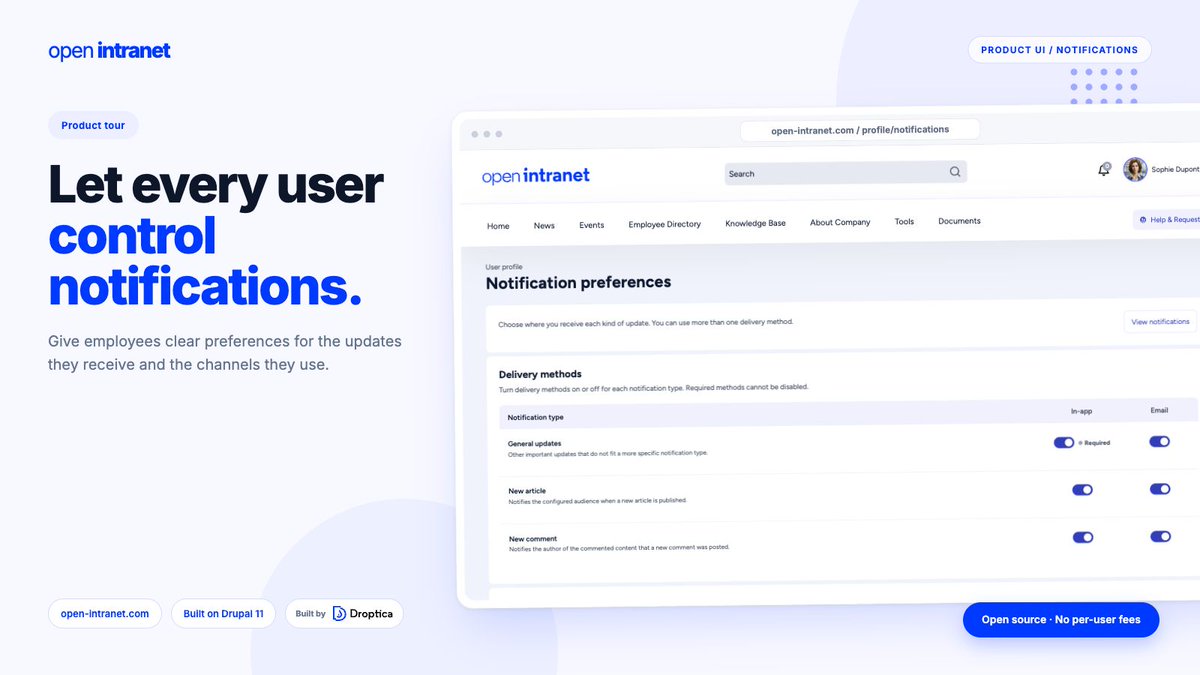 openintranet's tweet photo. Not every intranet update needs the same delivery channel.

Open Intranet lets employees choose in-app or email notifications by type, while required alerts can remain enabled when the organization needs them. https://t.co/enoDikOetV