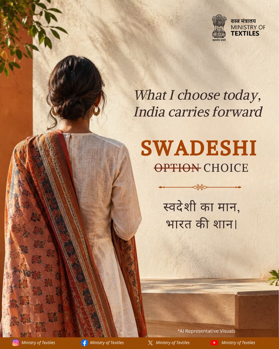 TexMinIndia's tweet photo. Every choice shapes the future.
Choosing Swadeshi means choosing India’s artisans, weavers, craftsmanship and homegrown textiles, carrying our heritage forward with every choice.
स्वदेशी का मान, भारत की शान।
#Swadeshi #MakeInIndia #VocalForLocal #IndianTextiles #MinistryOfTextiles #AtmanirbharBharat #Handloom #IndianCraftsmanship