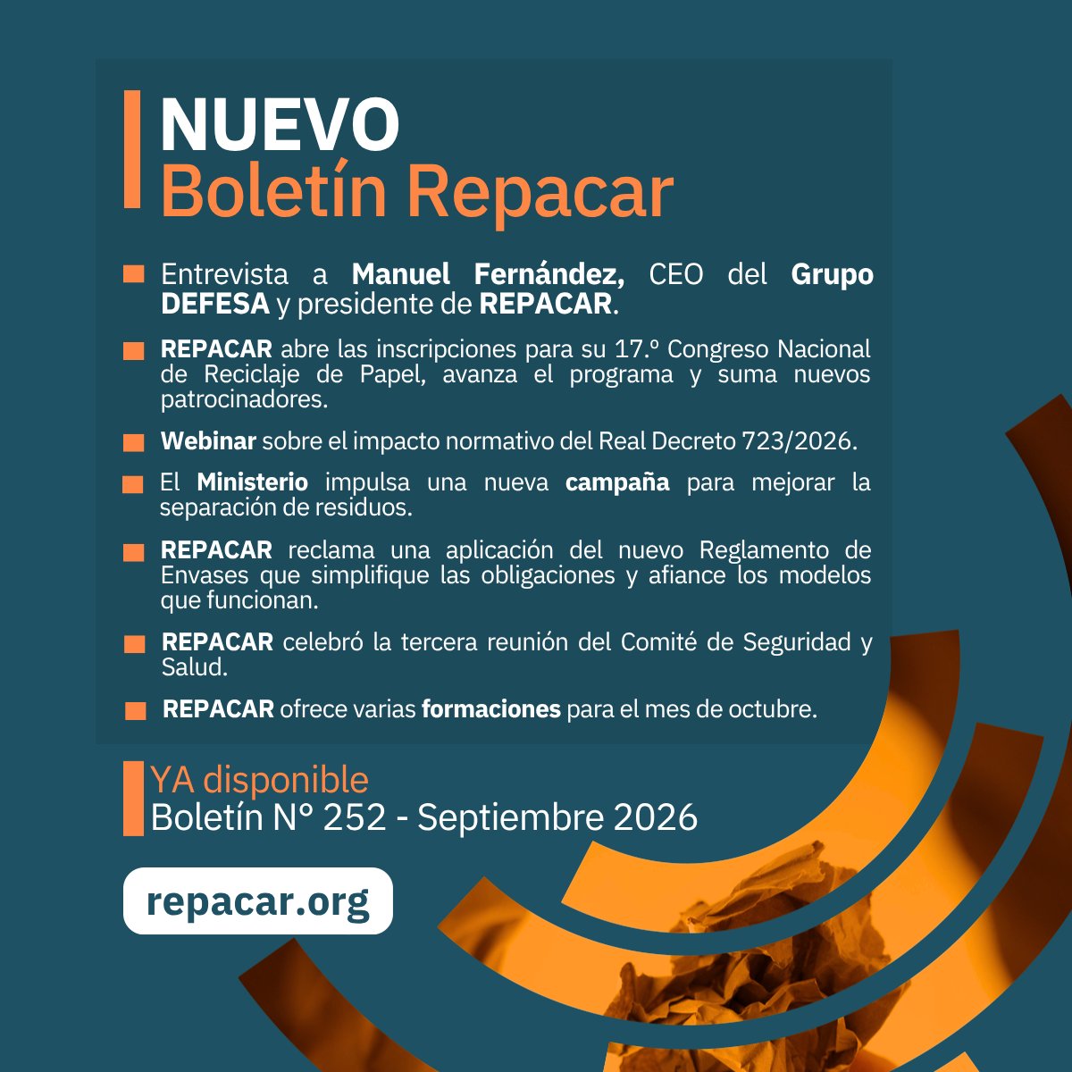 REPACAR's tweet photo. 📩 #BoletínREPACAR | SEPTIEMBRE · nº 252 ♻️
🎙️ Entrevista a Manuel Fernández, presidente de REPACAR.
📅 Novedades del #CRP26: inscripciones, programa y patrocinadores.
📑 Webinar sobre el RD 723/2026.
🔗 Boletín completo: https://t.co/Yu6mKgKJwc
#REPACAR #Reciclaje #PapelYCartón https://t.co/fJiv5DbZUc