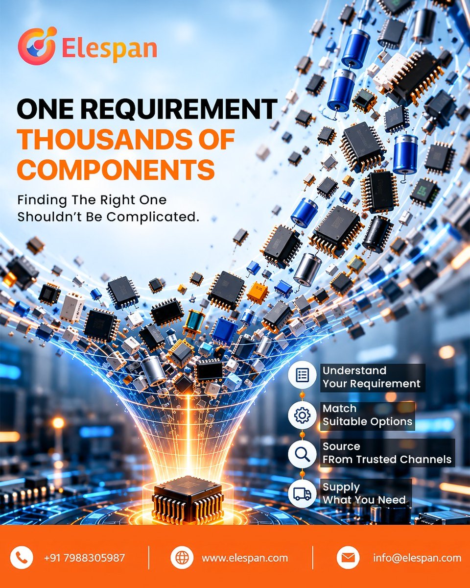 elespan_1's tweet photo. One requirement. Thousands of components. ⚡
Finding the right one shouldn’t be complicated.

Elespan helps you understand, match, source &amp; supply the components you need.

📞 +91 7988305987 | 🌐 https://t.co/yNzPCwyG9h

#Elespan #ElectronicComponents #ComponentSourcing https://t.co/QvZL0Ag9Om