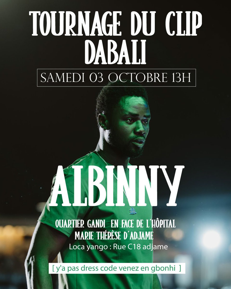 Albinny_fiou's tweet photo. A tous les soutenants du Binny , SAMEDI 03 OCTOBRE à partir de 13h . Gros tournage du morceau *DABALI* A ADJAME.  Le lieu est marqué sur l'image . Préparez vous , mettez ça dans votre calendrier. Yeuu voir djamanan  comme si c'était mon enterrement . https://t.co/0rzVFzEEvT