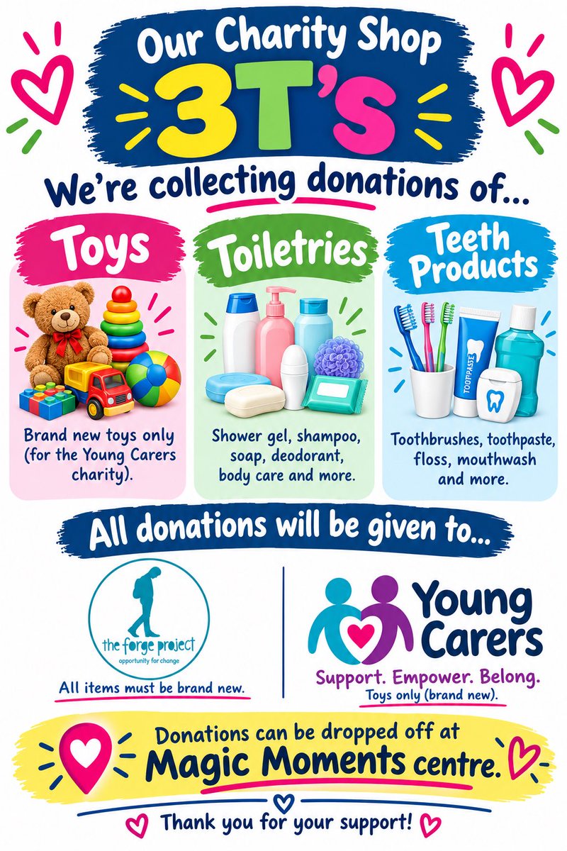 MagicMoments4AK's tweet photo. Our 3Tโs Appeal is still running! ๐งธ๐งด๐ชฅ
Weโre collecting brand new toys for Young Carers, plus toiletries & teeth products for The Forge Project.
๐ Drop donations at Magic Moments Centre.
Every donation makes a difference โค๏ธ Please share!
#3Ts #YoungCarers #TheForgeProject https://t.co/VYD6Mm5zTu