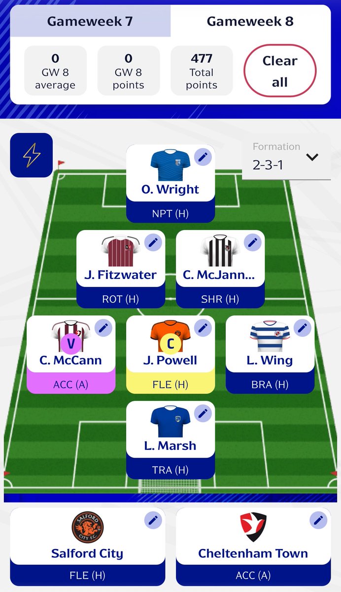OllieFEFL's tweet photo. Early GW8 thoughts, can’t see it changing too much. Defence feels pretty set. Midfield bit template but feel Wing will shine against (currently) managerless Bradford. Keeper might change but like Gills at home, Marsh the shot king differential. #FEFL #FantasyEFL https://t.co/xwqjalPbyR
