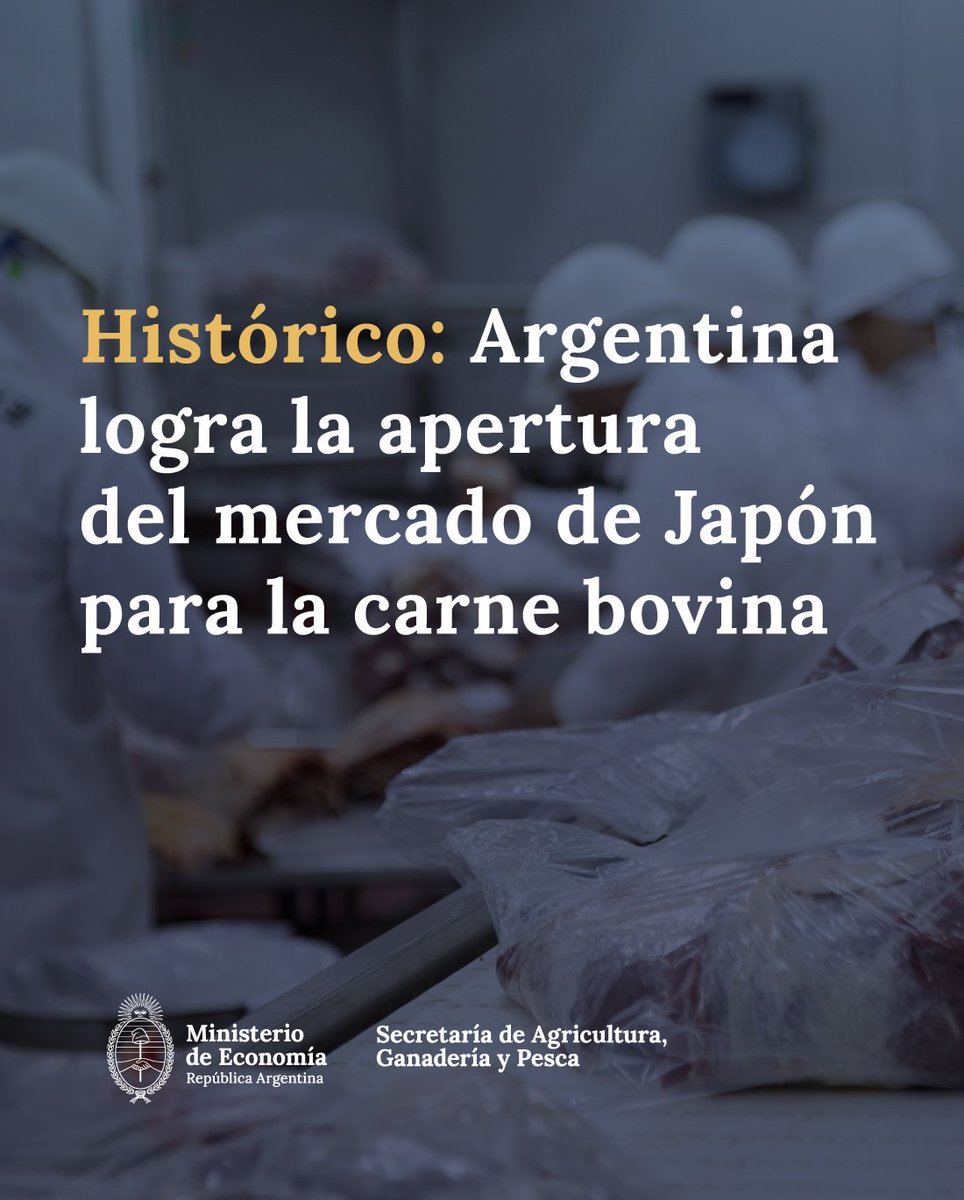 MinEconomia_Ar's tweet photo. JAPÓN ABRE SU MERCADO A LA CARNE BOVINA ARGENTINA

Argentina concretó un paso clave en su estrategia de inserción internacional. Luego de dos décadas de negociaciones, Japón habilitó el ingreso de carne bovina, potenciando nuevas oportunidades para la producción y las exportaciones argentinas..

Este logro histórico posiciona a la producción argentina en la élite del comercio global, abriendo la puerta a un mercado de alto valor y ratificando el prestigio sanitario y la calidad de nuestra agroindustria.

Más mercados. Más inserción internacional. Más oportunidades para el país.

Más información 👇
https://t.co/6fJKHjICya