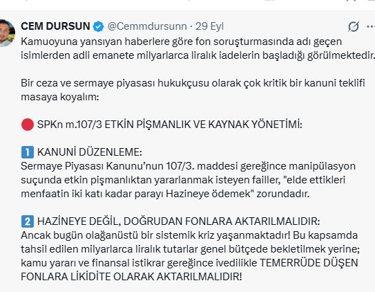 cemdursun33's tweet photo. #SONDAKİKA Dün paylaştığım analizde (görseldeki 2. maddede); suçluların iade ettiği ve el konulan paraların genel bütçede bekletilmeden doğrudan fonların likidite havuzuna aktarılması gerektiğini hukuken teklif etmiştim. 

Bugün ADALET BAKANIMIZ Sn. @abakingurlek’in açıkladığı "Suç gelirlerinin TMSF bünyesinde oluşturulacak fona aktarılması" kararı; devletimizin süreci ne kadar kusursuz, rasyonel ve kararlı bir akılla yönettiğinin somut kanıtıdır! 

Bu adım; sadece bir adli operasyon değil, dünya finans literatürüne geçecek bir "büyük arınma ve Türkiye Modeli"dir!

🔴 TÜRKİYE FİNANSAL BAĞIRSAKLARINI TEMİZLİYOR: "TÜRKİYE MODELİ"

1️⃣ DÜNYAYA ÖRNEK BİR ADALET DOKTRİNİ:
2008 krizinde Batı dünyası batık kurumları halkın vergileriyle kurtarmıştı (Bailout). Türkiye ise bugün dünyaya tam tersi bir ders veriyor: 
Devlet; rantiye çetelerinin, manipülatörlerin gırtlağına çöküyor, 217 şüphelinin milyarlarca liralık suç gelirlerine TMSF ile el koyuyor ve bu kaynağı MASUM HALKIN HAKKINI TESLİM ETMEK için seferber ediyor!

2️⃣ DEVLETİN BAĞIRSAK TEMİZLİĞİ VE REGÜLATÖR DENETİMİ:
Eski SPK Başkanı’nın dahi şüpheli sıfatıyla ifadeye çağrıldığı, 56 kişinin tutuklandığı bu süreç; devletimizin kendi içindeki aksaklıklarla yüzleşmekten çekinmediğinin ve şeffaflığı tesis etmedeki sarsılmaz iradesinin göstergesidir.

3️⃣ 455 BİN VATANDAŞIN HAKKI MUTLAK TEMİNAT ALTINDA:
Sayın Başsavcımızın "Vatandaşımızın hakkı korunacaktır" iradesi ile Sayın Cumhurbaşkanımız @RTErdogan’ın "Kırmızı çizgimiz milletimizdir" duruşu birleşmiştir. TEFAS’a güvenen meşru yatırımcı ile suç şebekeleri cerrahi bir titizlikle ayrıştırılmıştır.

4️⃣ ACİL BEKLENTİ VE YOL HARİTASI (TÜM FONLAR İÇİN):
Cumhurbaşkanı Yardımcımız Sn. @_cevdetyilmaz başkanlığındaki Fon Koordinasyon Kurulu ve TMSF bünyesindeki bu fon aracılığıyla;
• Takasbank'ta (PBLK) hak edişi kesinleşmiş 16 Eylül hak sahipleri başta olmak üzere tüm PPF yatırımcılarının anaparaları tek kuruş kesintisiz derhal ödenmelidir.
• Aynı zamanda hisse senedi ve diğer serbest fonlardaki meşru yatırımcıların da anapara ve hak edişlerinin bu TMSF havuzundan hangi şeffaf takvimle karşılanacağı kamuoyuna net olarak açıklanmalıdır!

Türkiye; sermaye piyasalarını spekülatörlerin oyun alanı olmaktan çıkarıp, tasarruf sahibinin güvenli limanı haline getirecek tarihi bir eşiktedir. Yargımıza ve devletimizin kusursuz adaletine güvenimiz tamdır! ⚖️🇹🇷
@memetsimsek @abakingurlek @RTErdogan @spkgovtr 
#SPK #AkınGürlek #TMSF #Erdoğan #CevdetYılmaz #MehmetŞimşek #Tefas #Takasbank #TP2 #THF #Fonlar #Borsa