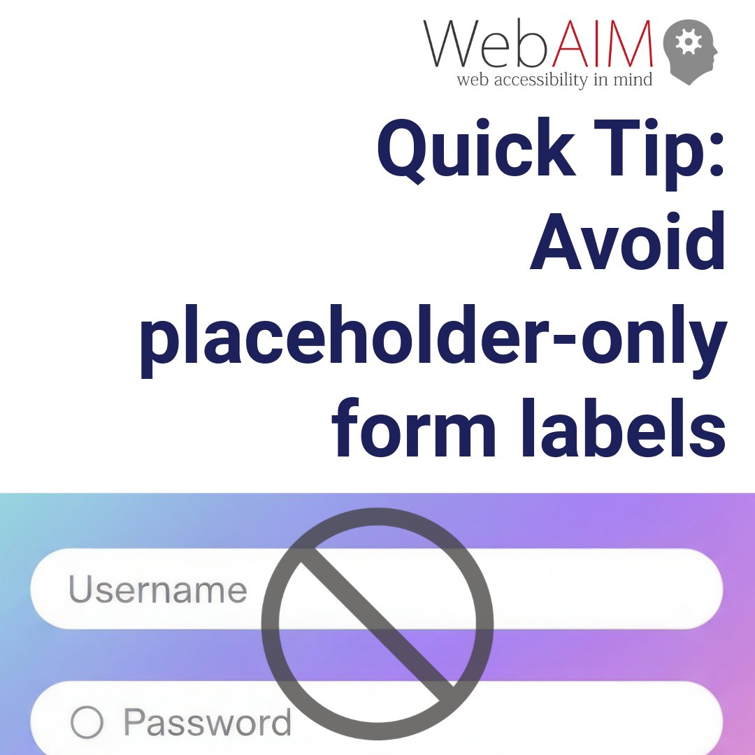 webaim's tweet photo. Relying on placeholder text alone in form fields creates barriers. It disappears as users type and may not be announced clearly by screen readers.

Use persistent labels (<label> elements) so field purpose is always clear.

https://t.co/bLAO6U1xY9

#accessibility #a11y #WebDev https://t.co/ZHobkofsx6