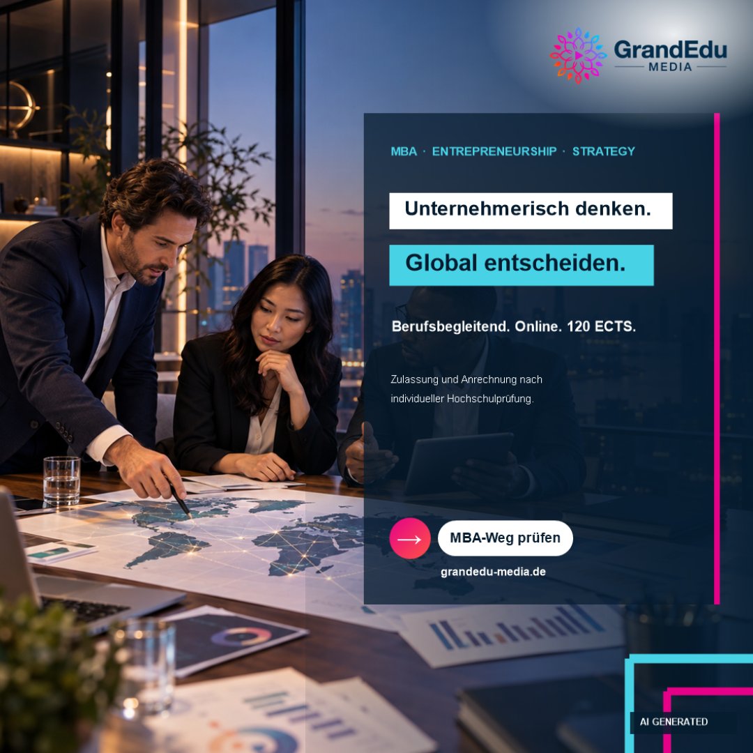 GrandEduMedia's tweet photo. Werbung: Der MBA verbindet Entrepreneurship, internationale Strategie und Leadership – 120 ECTS, berufsbegleitend online. Bis zu 60 ECTS nur nach individueller Hochschulprüfung anrechenbar. https://t.co/jJIlt8XfrT https://t.co/B5khanF24f