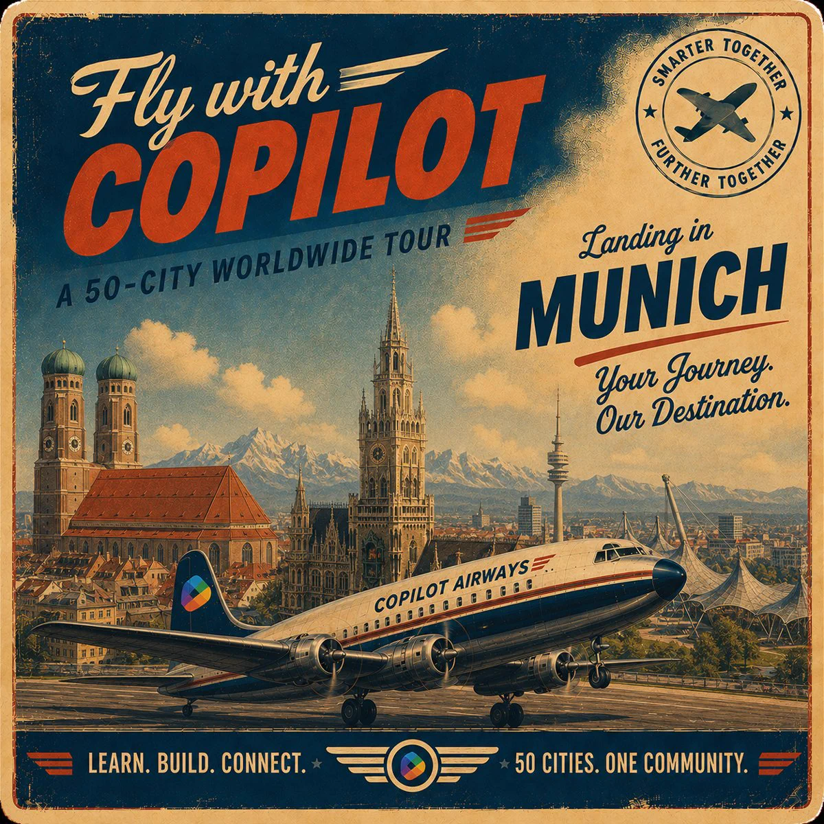 A vintage-style travel poster featuring an airplane labeled 'Copilot Airways' flying above Munich. Notable landmarks like the Twin Towers of Munich's Cathedral and a church spire are visible. Text highlights 'Fly with Copilot' and 'Landing in Munich.'