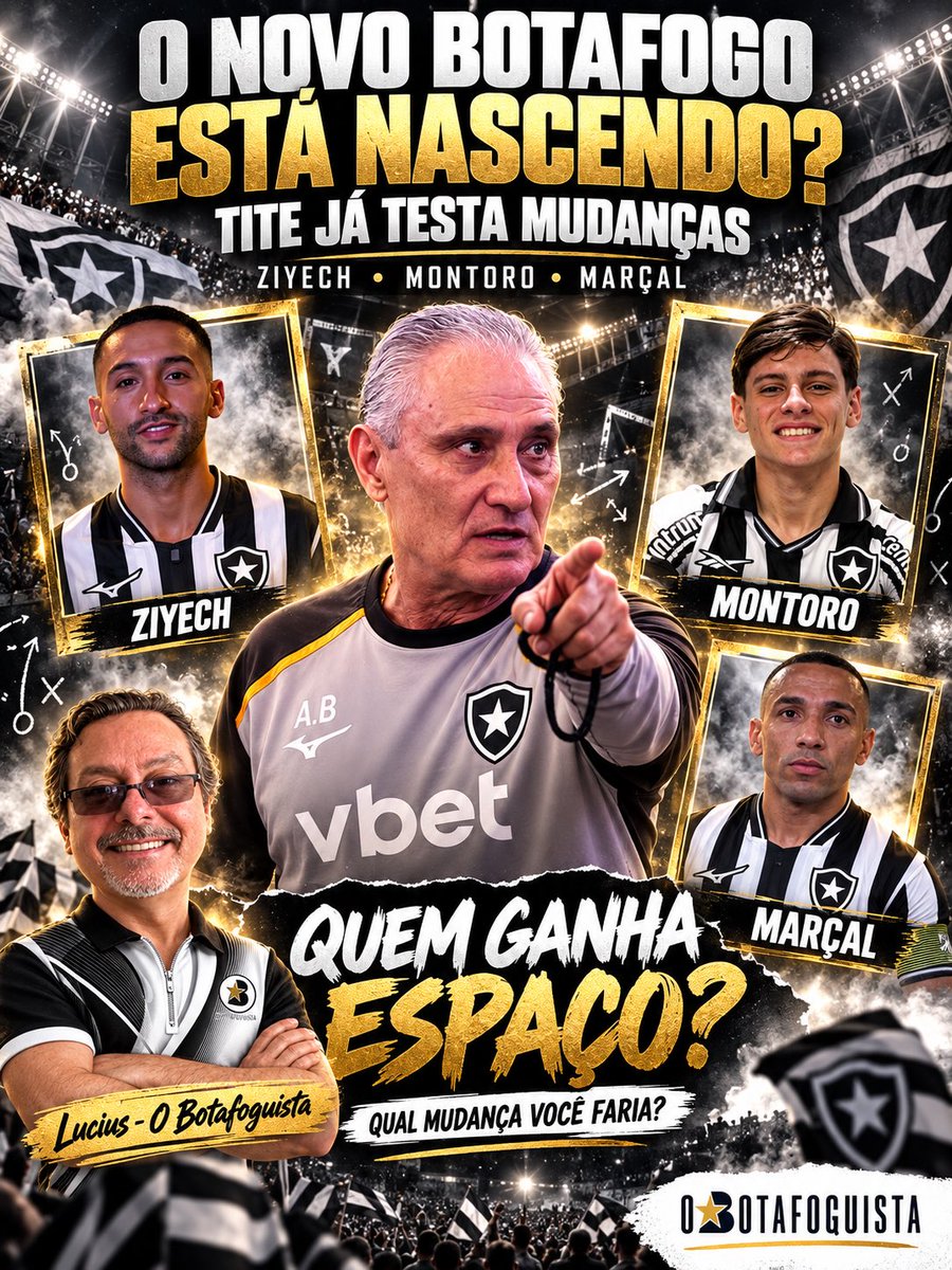 oBotafoguista's tweet photo. 𝗧𝗜𝗧𝗘 𝗝𝗔́ 𝗘𝗦𝗧𝗔́ 𝗠𝗘𝗫𝗘𝗡𝗗𝗢 𝗡𝗢 𝗕𝗢𝗧𝗔𝗙𝗢𝗚𝗢… 𝗘 𝗧𝗘𝗠 𝗚𝗘𝗡𝗧𝗘 𝗤𝗨𝗘 𝗣𝗢𝗗𝗘 𝗠𝗨𝗗𝗔𝗥 𝗗𝗘 𝗣𝗔𝗧𝗔𝗠𝗔𝗥. 👀🔥

A Data Fifa virou praticamente uma mini pré-temporada para Tite.

Depois de chegar, fazer apenas dois treinos e já estrear contra o Mirassol, agora ele finalmente teve tempo para olhar o elenco de verdade.

E os primeiros sinais começaram a aparecer.

Segundo o ge, quem acompanha os trabalhos já percebe uma mudança clara na maneira de o time pressionar, marcar e defender. 

Mas o mais interessante está nos testes individuais.

⚫ Marçal como zagueiro.

⚪ Montoro mais centralizado.

⚫ Ziyech atuando como meia pelo lado direito.

⚪ Bola parada sendo trabalhada com muito mais intensidade.

E ainda existe espaço para outras experiências por causa das ausências de Ferraresi, Danilo e Huguinho nesta Data Fifa. 

Agora vem a parte que eu acho mais interessante.

Ziyech, por exemplo, chegou sem estar no melhor ritmo físico e ganhou justamente esse período sem jogos para evoluir e disputar uma vaga real no time. 

Montoro centralizado também chama atenção.

Será que Tite está pensando em colocar a bola mais vezes no pé de um jogador criativo por dentro, em vez de deixá-lo preso ao corredor?

E Marçal na zaga?

Pode ser apenas uma solução emergencial…

Ou pode virar alternativa definitiva.

A questão é que o Botafogo que enfrentará o Vasco no dia 7 de outubro, às 20h30, no Nilton Santos, provavelmente já terá uma cara diferente daquela que vimos nas últimas rodadas. O clube já abriu o processo de check-in e venda de ingressos para o clássico. 

Então vou colocar vocês no lugar do Tite:

Se você pudesse escolher UMA mudança para começar contra o Vasco, qual seria?

1️⃣ Ziyech titular e com liberdade por dentro
2️⃣ Montoro centralizado como cérebro do time
3️⃣ Marçal na zaga para dar experiência à defesa
4️⃣ Outra mudança completamente diferente

E aí, torcedor?

Quero ver qual ideia ganha nos comentários. 👇🏻🔥

#Botafogo #Tite