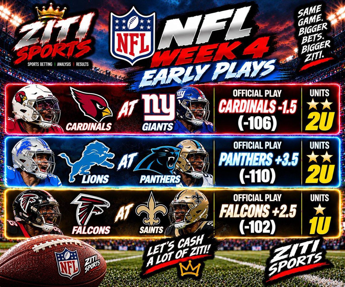 SportsZiti's tweet photo. 🏈🔥 NFL WEEK 4 EARLY ZITI! 🔥🏈
3 PLAYS • 5U ON THE BOARD 💰
Getting in early — LET’S CASH &amp; STACK THAT ZITI! 🤌🍝
#NFL #NFLWeek4 #NFLPicks #NFLBetting #FootballPicks #SportsBetting #BettingTwitter #ZitiSports #WinZiti https://t.co/Wf8w7sYHM2