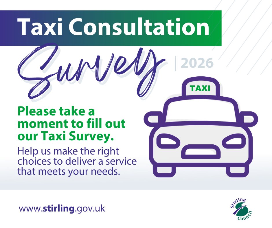 StirlingCouncil's tweet photo. 🗣🚖 Almost 300 people so far have had their say on the Taxi Fares Review consultation.

There are seven days left to take part in the survey on Engage Stirling at: https://t.co/GMNiHRNvVU

Stirling Council’s Planning and Regulation Panel has agreed to seek the views of the taxi trade as well as members of the public on the proposals set out in the Taxi Fare Review.

More: https://t.co/xlZDUv3JRB