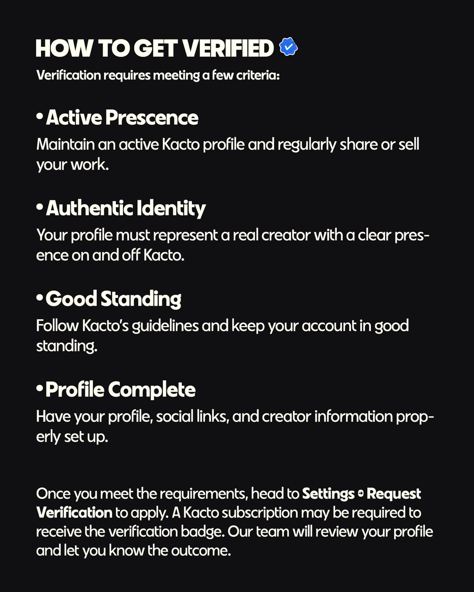 KactoApp's tweet photo. Kacto Verification is here 🌵

Show fans they’re connecting with the real you. Get a blue check on your Kacto profile and build trust with your audience. Update Kacto, head to Settings → Request Verification to apply.

A Kacto subscription may be required to receive the badge. https://t.co/kneCQEISPN