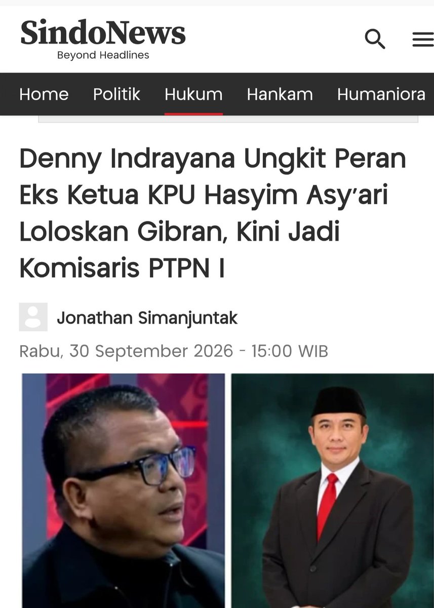 triwul82's tweet photo. Pernyataan Denny Indrayana yang membongkar peran eks Ketua KPU Hasyim Asy'ari dalam meloloskan Gibran Rakabuming Raka yang kini berujung pada kursi Komisaris PTPN I mengonfirmasi pola benturan kepentingan (conflict of interest) yang teramat telanjang.

Ketika pimpinan lembaga independen penyelenggara pemilu yang meloloskan pendaftaran bermasalah kemudian dihadiahi jabatan strategis BUMN, publik berhak bertanya: Apakah ini murni profesionalisme, atau bentuk reward atas "jasa" politik masa lalu? Praktik revolving door semacam ini menghancurkan independensi lembaga negara dan mencederai etika publik.

https://t.co/OeVinFbWkX