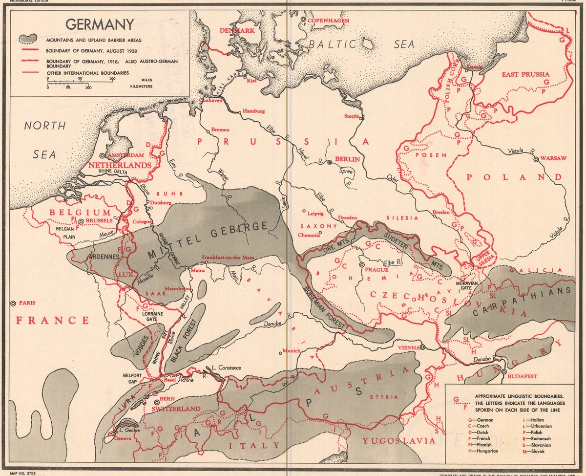 EdmapsCom's tweet photo. History, maps and languages: Ethnolinguistic map of Germany, 1938 (compiled and drawn in the Branch of Research and Analysis, U.S. Office of Strategic Services, Washington, November 1943) 
A very simplistic ethnolinguistic map of Germany after the Anschluss made by the U.S. Office of Strategic Services. (Use of super intelligence: not involved.) 
#history #historical #ethnographic #ethnic #linguistic #ethnolinguistic #map #Germany #Austria #Switzerland #borders #territories #Central #Europe #USA #France #Britain #Russia #Ukraine #Italy #Poland #Czechia #Slovakia #Hungary #Romania #Belgium #Netherlands #Denmark