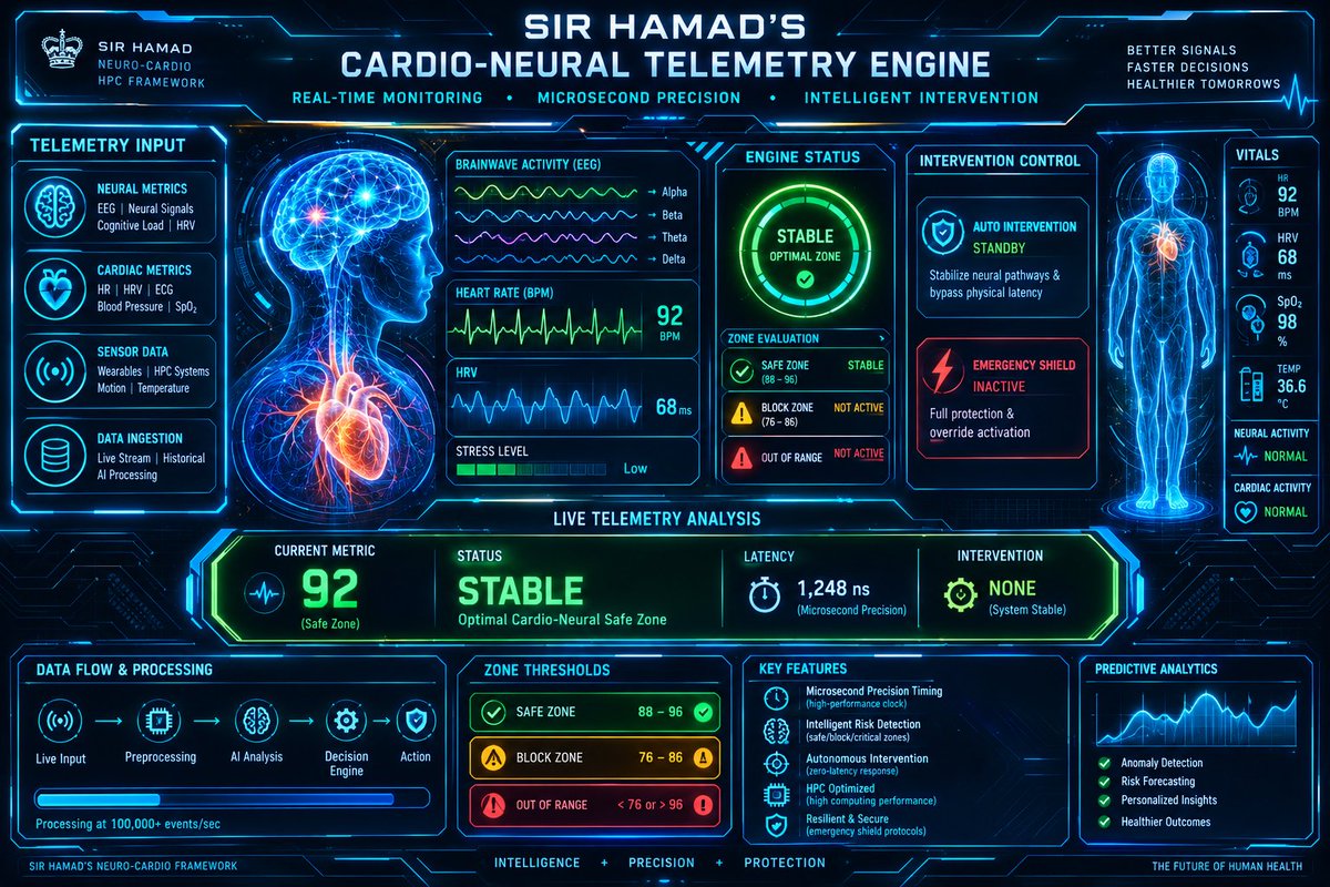 MazedAbdul4j's tweet photo. ⚡ Sir Hamad's Cardio-Neural Telemetry Engine pioneers real-time monitoring with microsecond precision[cite: 3].

🛡️ Powered by advanced neural-cardiac metrics, safe zone evaluations, and autonomous intelligent interventions[cite: 3].

 Delivering better signals, faster decision https://t.co/wocW8YwYtG