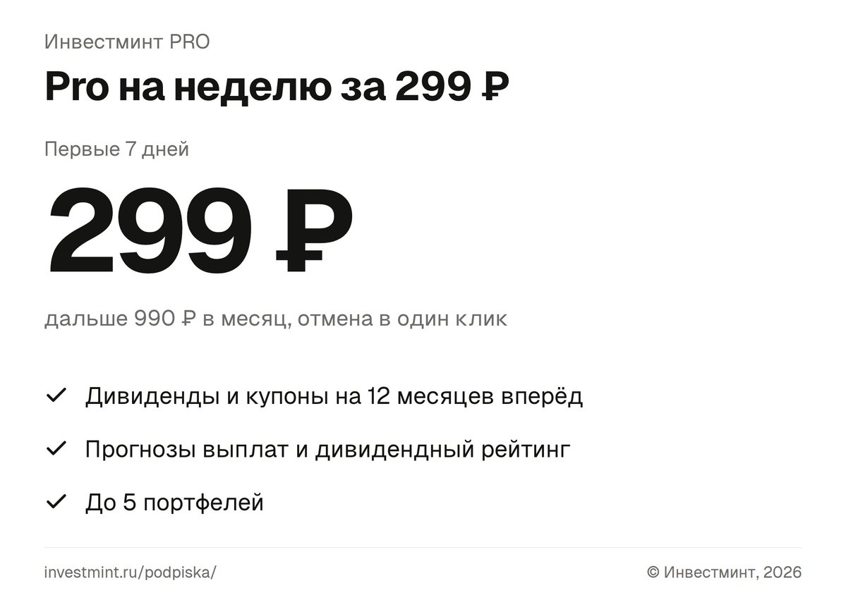 investmintru's tweet photo. Pro на неделю за 299 ₽

Дивиденды на 12 месяцев вперёд вместо 3, прогнозы выплат и дивидендный рейтинг. Дальше 990 ₽ в месяц, отмена в один клик. https://t.co/4HQaOk2cMX
