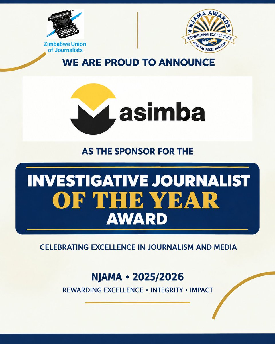 ZUJOfficial's tweet photo. We’re excited to have
@MasimbaHoldings
sponsoring the Investigative Journalist of the Year Award, recognizing journalism that turns data into powerful stories and meaningful insights.
#NJAMA2026
#InvestigativeJournalism
#MediaAwards
#NJAMACountdown https://t.co/4AszTdCuUj