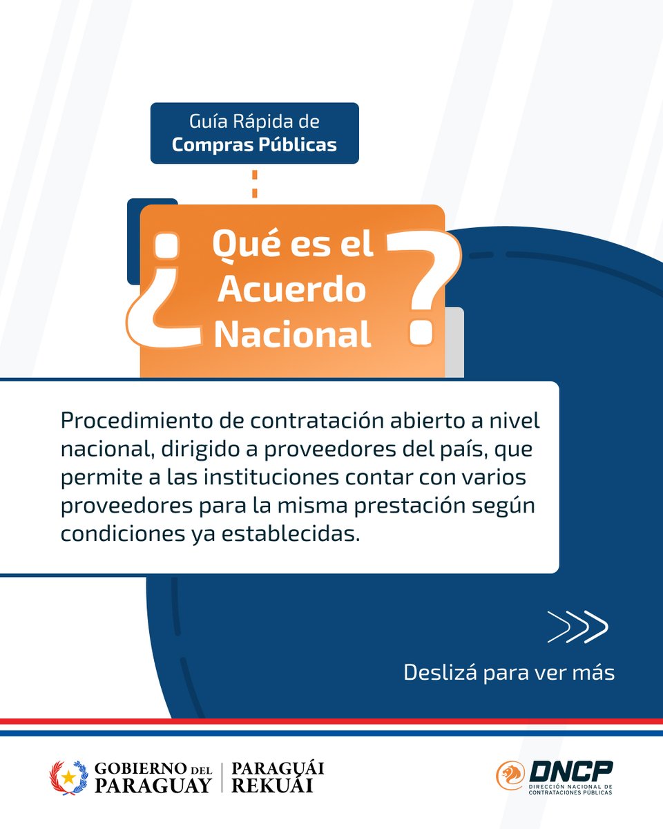 dncp_py's tweet photo. ➡️El Acuerdo Nacional es un procedimiento que permite a las instituciones contar con múltiples proveedores del mismo producto o servicio, según condiciones ya establecidas. 

¡Conociendo las compras del Estado! https://t.co/NvuruL4JSs
