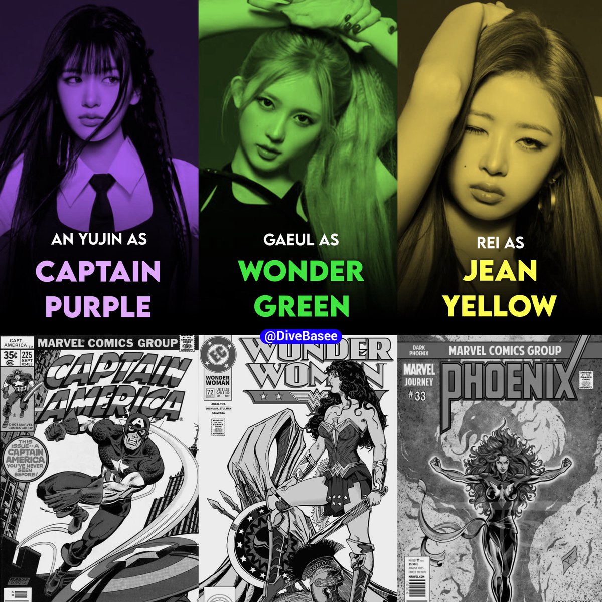 DiveBasee's tweet photo. IVE's superhero names for 'Looks Can Kill' and the comics characters they were inspired by : https://t.co/dTauqUclOf