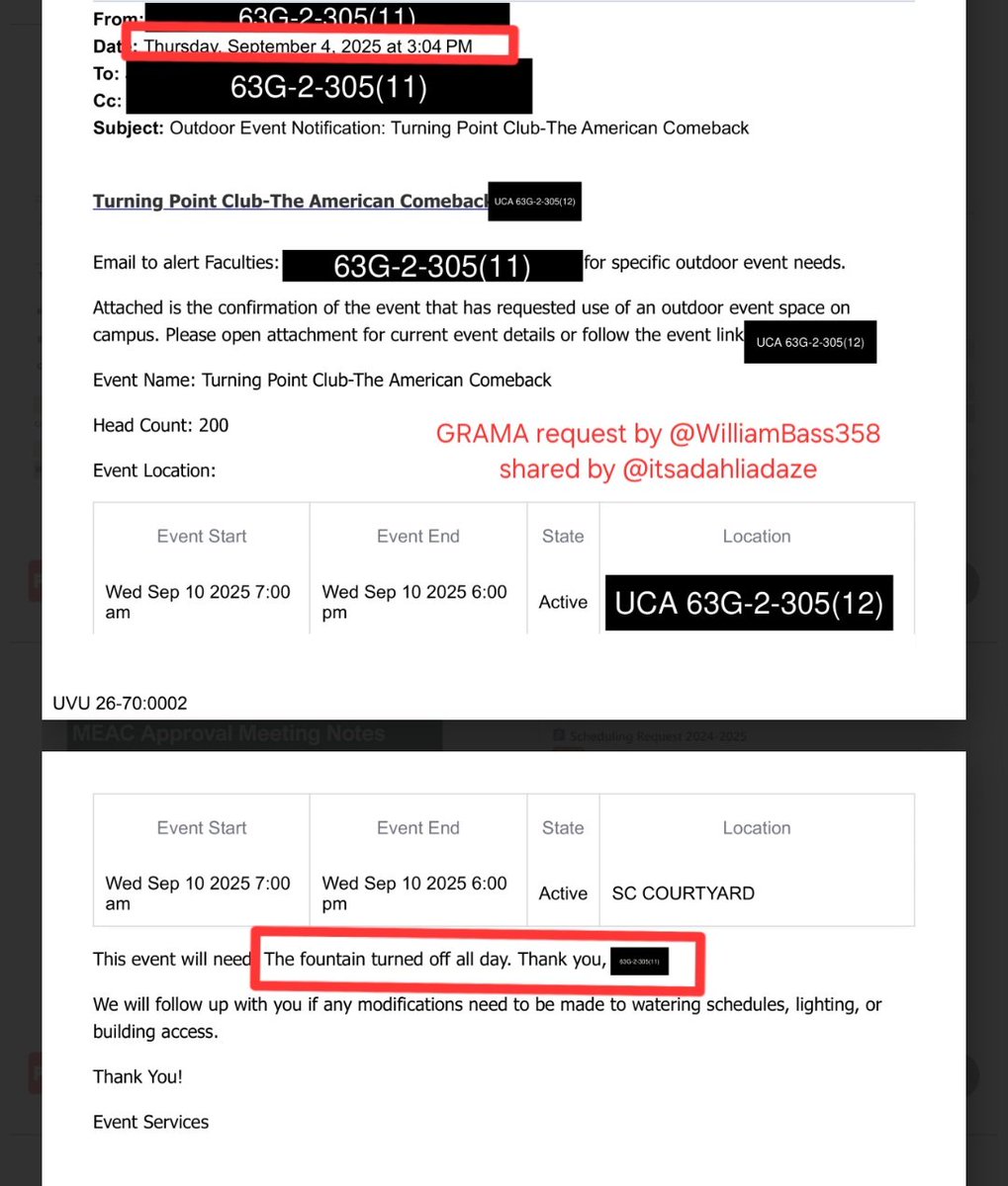 itsadahliadaze's tweet photo. The day before Charlie Kirk was killed he followed up with his security team via text to express concerns that the left may try and kill him. 

The same day, someone followed up with UVU via email. 

...not about security, 

...not about rooftop access, 

...not about needing EMS,

...not with an updated headcount for attendees,

...not with a request for drones

...not with a request for additional officers

Nope. None of that. 

They followed up with UVU (for a 2nd time) to ensure the fountain would be turned off. 

It is nice to see that SOMEONE had the ability to follow up with UVU and iron out last minute details. 

....just wish it was about something other than the fountain. 🙄