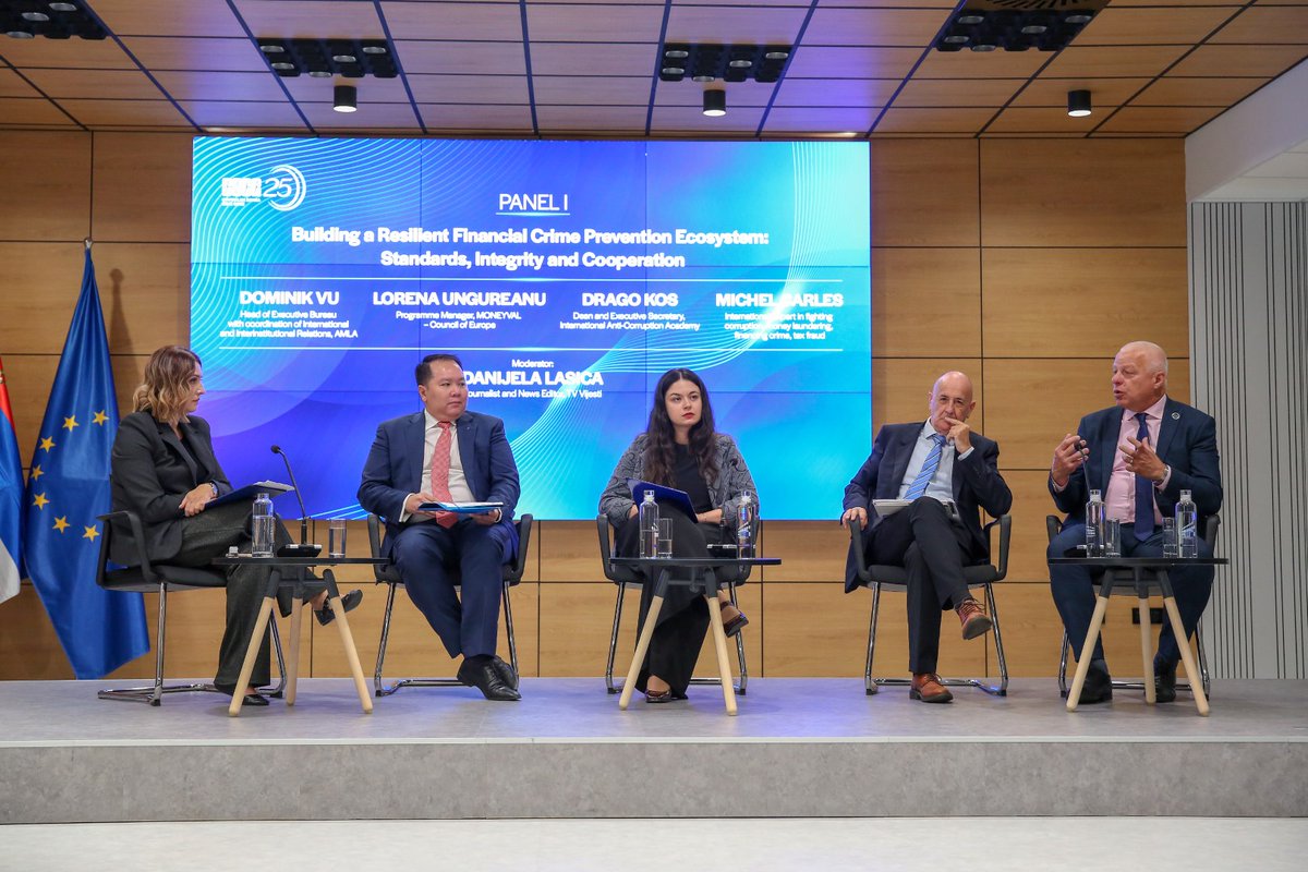 centralnabanka's tweet photo. 🛡️ #CBCG | Building a Resilient Financial Crime Prevention Ecosystem: Standards, Integrity & Cooperation.
🎙️ Danijela Lasica moderates Dominik Vu · AMLA, Lorena Ungureanu · MONEYVAL @coe , Drago Kos · @IACA_Academy & international expert Michel Carles. https://t.co/wGgE5DxAup