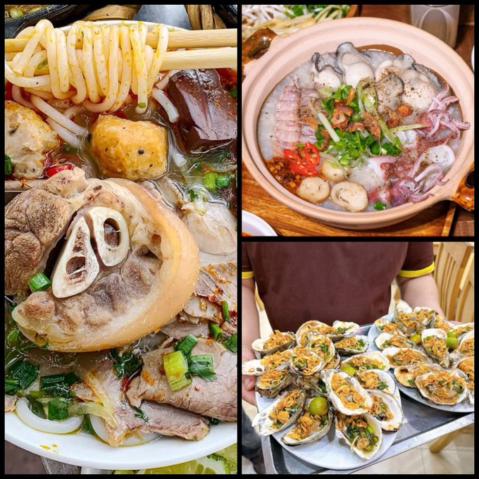A collage of three images showing various Asian dishes, including noodles with bone broth, a seafood hot pot, and grilled oysters with garlic.
