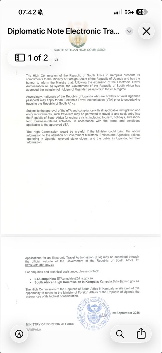 adoniaayebare's tweet photo. This to thank the South African Government for simplifying issuance of Visas to Ugandans. I look forward to leading a Ugandan delegation to South Africa for the Joint Permanent commission meeting later this month. https://t.co/BDjqUCCiuV