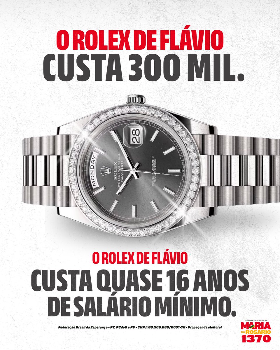 mariadorosario's tweet photo. O Rolex de Flávio custa R$ 300 mil. Um relógio desse valor equivale a quase 16 anos de salário mínimo.
ZERO SURPRESA! A contradição entre o discurso e a prática é uma marca do bolsonarismo.
Agora, revelações de ex-sócio de Flávio Bolsonaro trazem à tona episódios que também contrastam com o discurso da chamada “família tradicional brasileira”.
Mais um capítulo de uma coleção que inclui rachadinha, investigações e denúncias. E a lista não para de crescer.
