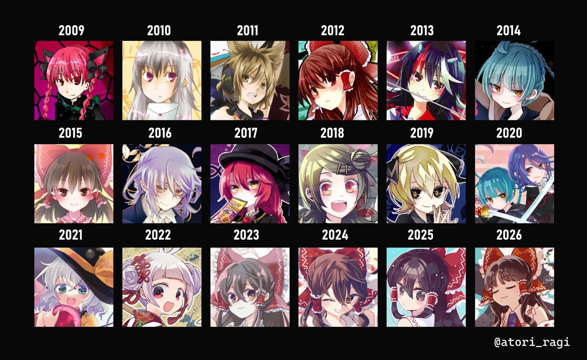 atori_ragi's tweet photo. イラスト進化録作ってみたら完全に途中で伸び悩んでるし最後に至っては霊夢進化録になってた https://t.co/PrDN9k2pf2