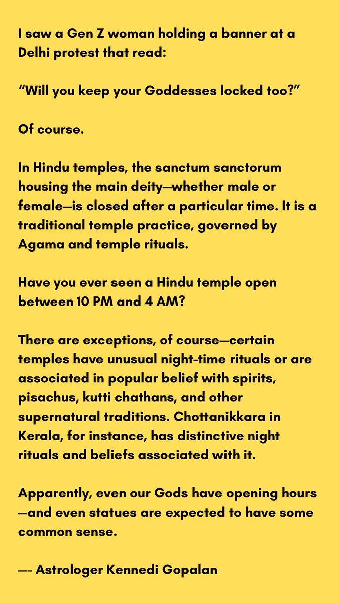 askenni's tweet photo. I saw a Gen Z woman holding a banner at a Delhi protest that read:

“Will you keep your Goddesses locked too?”

Of course.

In Hindu temples, the sanctum sanctorum housing the main deity—whether male or female—is closed after a particular time. It is a traditional temple…. https://t.co/MpcgJyZMbP