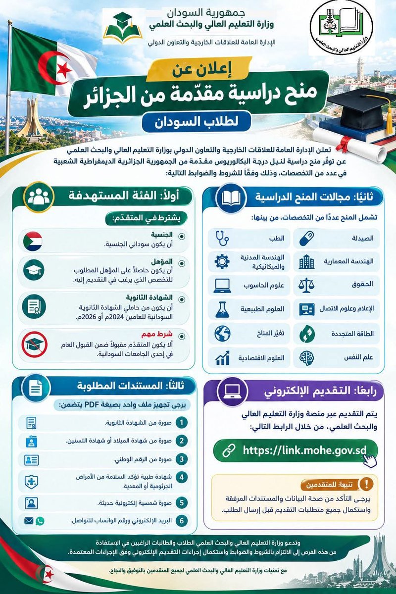 hashsudan's tweet photo. منح دراسية مقدمة من الجزائر لطلاب السودان https://t.co/pJ5Gs4Qqns