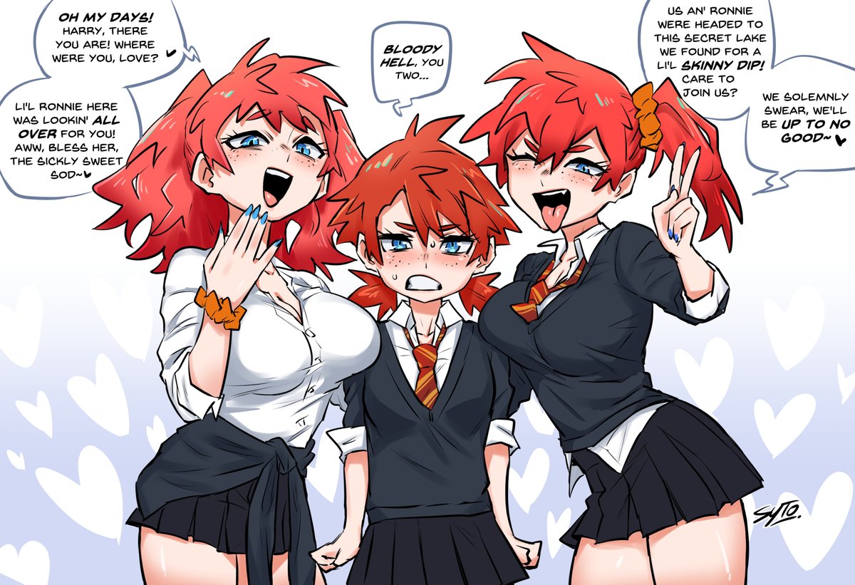 sytokun's tweet photo. Busty gyarufied Fred &amp; George Weasley (and Ron is also there) https://t.co/YP3FNNTnBG