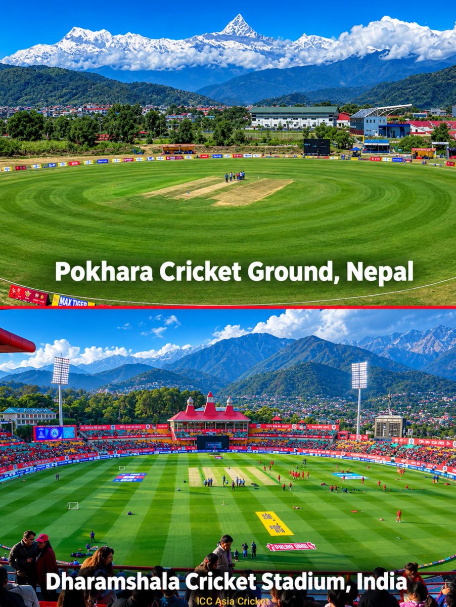 SportJantaParty's tweet photo. 🚨 Two Himalayan cricket grounds, two breathtaking views. 🏔️🇳🇵🇮🇳

Pokhara Cricket Ground, Nepal and Dharamshala Cricket Stadium, India with Himalayas in the background! ❤️

Which view would you choose? 👀 https://t.co/yhDiQCYXA5