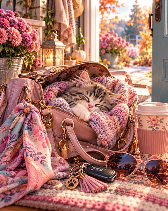 A fluffy kitten sleeps inside a pink handbag surrounded by sunglasses, a coffee cup, keys, and a floral scarf, set against a backdrop of pink flowers.