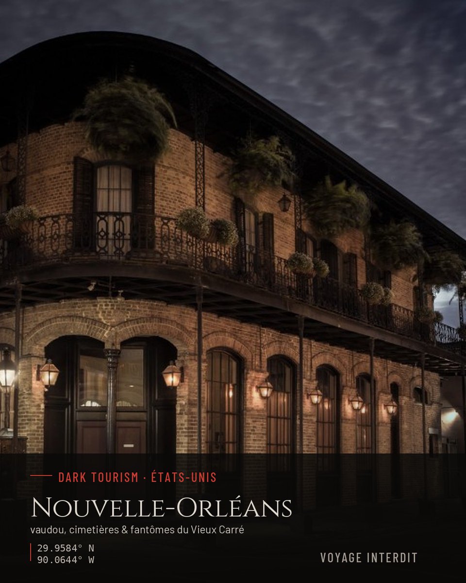 VoyageInterdit's tweet photo. 🕯️ Poupées vaudou, tombes hors sol et manoirs maudits — bienvenue dans la ville la plus hantée des États-Unis.

Fondée par les Français, marquée par l'esclavage et l'arrivée des réfugiés d'Haïti, la Nouvelle-Orléans a bâti une identité unique où catholicisme, traditions africaines et culte des morts se mêlent. C'est de ce syncrétisme qu'est né le vaudou louisianais, porté en son temps par la légendaire Marie Laveau, dont la tombe présumée au cimetière Saint-Louis n°1 attire encore aujourd'hui pèlerins et curieux.

Mais la ville cache aussi une face plus sombre : ses cimetières hors sol nés d'une contrainte géographique, et des demeures comme le manoir LaLaurie, où se sont joués de véritables drames humains derrière les façades élégantes du Vieux Carré.

Loin du tourisme du frisson superficiel, la Nouvelle-Orléans hantée mérite d'être abordée avec curiosité... et respect.

Prêt(e) pour une visite nocturne du Vieux Carré ? 👇

📍 Vieux Carré (French Quarter), Nouvelle-Orléans, Louisiane, États-Unis

🔗 Récit complet sur https://t.co/X5hCWmcIG2 (lien en bio)

#NouvelleOrleans #FrenchQuarter #VieuxCarré #Vaudou #MarieLaveau #DarkTourism #TourismeDeMémoire #VoyageInterdit #CimetièreSaintLouis #ManoirLaLaurie #Louisiane #HistoireAméricaine #Ghosthunting #Paranormal #NOLA #HistoireInsolite #CultureCréole #ÉtatsUnis #VisiteNocturne #LieuHanté
