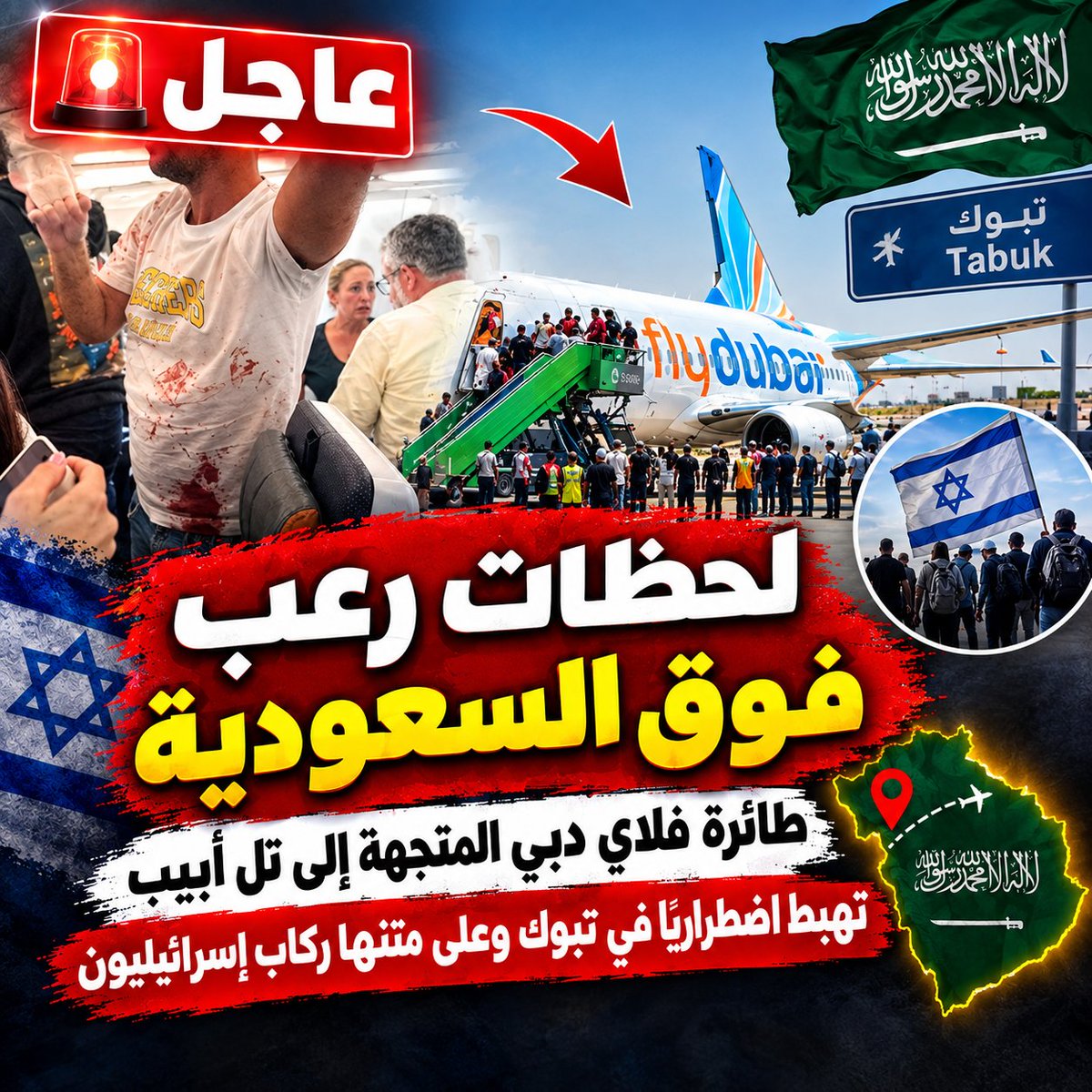 B5tsarNews's tweet photo. 🚨✈️ عاجل.. رحلة #فلاي_دبي المتجهة من #دبي إلى #تل_أبيب تتحول إلى حالة طوارئ!
هبوط اضطراري في #تبوك بعد حادث على متن الطائرة.
🔥 ماذا حدث على متن الطائرة؟ ولماذا هبطت في #السعودية ؟ التفاصيل في الفيديو 👇
https://t.co/GNSAFavKA2 https://t.co/1Kx5v3FPoF