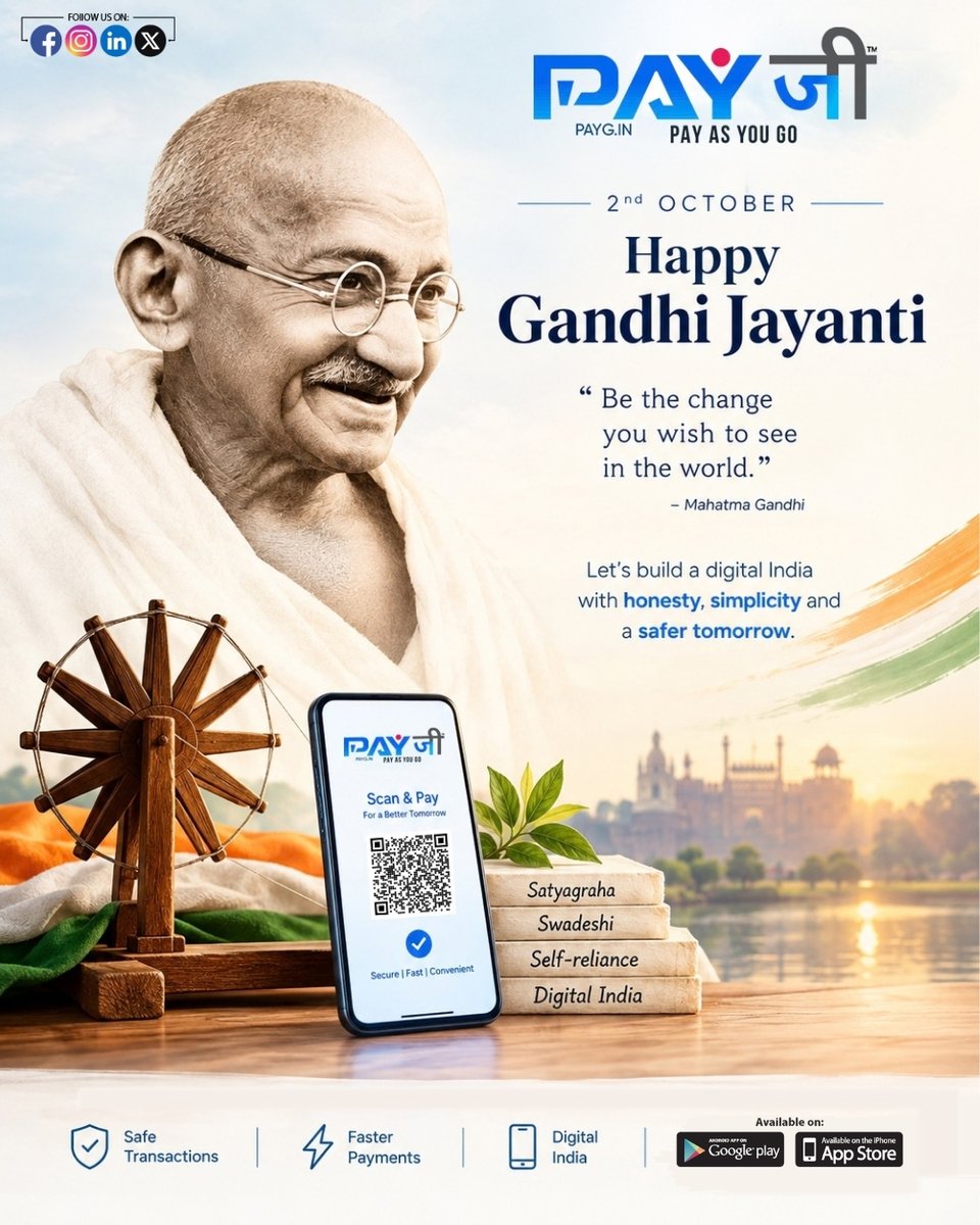 PayGIndia's tweet photo. This Gandhi Jayanti, let’s embrace honesty, simplicity & self-reliance and take meaningful steps toward a safer, stronger Digital India.
#GandhiJayanti #MahatmaGandhi #DigitalIndia #PayG #Satyagraha #Swadeshi #India https://t.co/bRCgBstcqc
