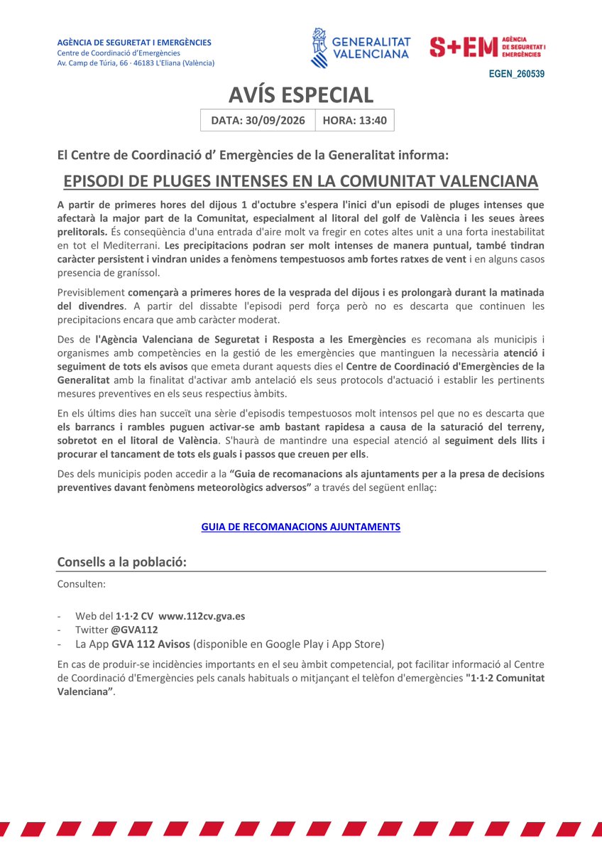 GVA112's tweet photo. 🚨El Centre de Coordinació d'Emergències de la @generalitat emet un AVÍS ESPECIAL davant l'episodi de pluges intenses que afectarà, des de primeres hores de la vesprada de demà dijous, a la major part de la Comunitat Valenciana, especialment al litoral del golf de València i les seues àrees prelitorals.

📩S'envia a tots els ajuntaments i agències responsables d'emergències.

📲S'aconsella revisar la "Guia de recomanacions als ajuntaments":
https://t.co/Y5bvMSHtP6
