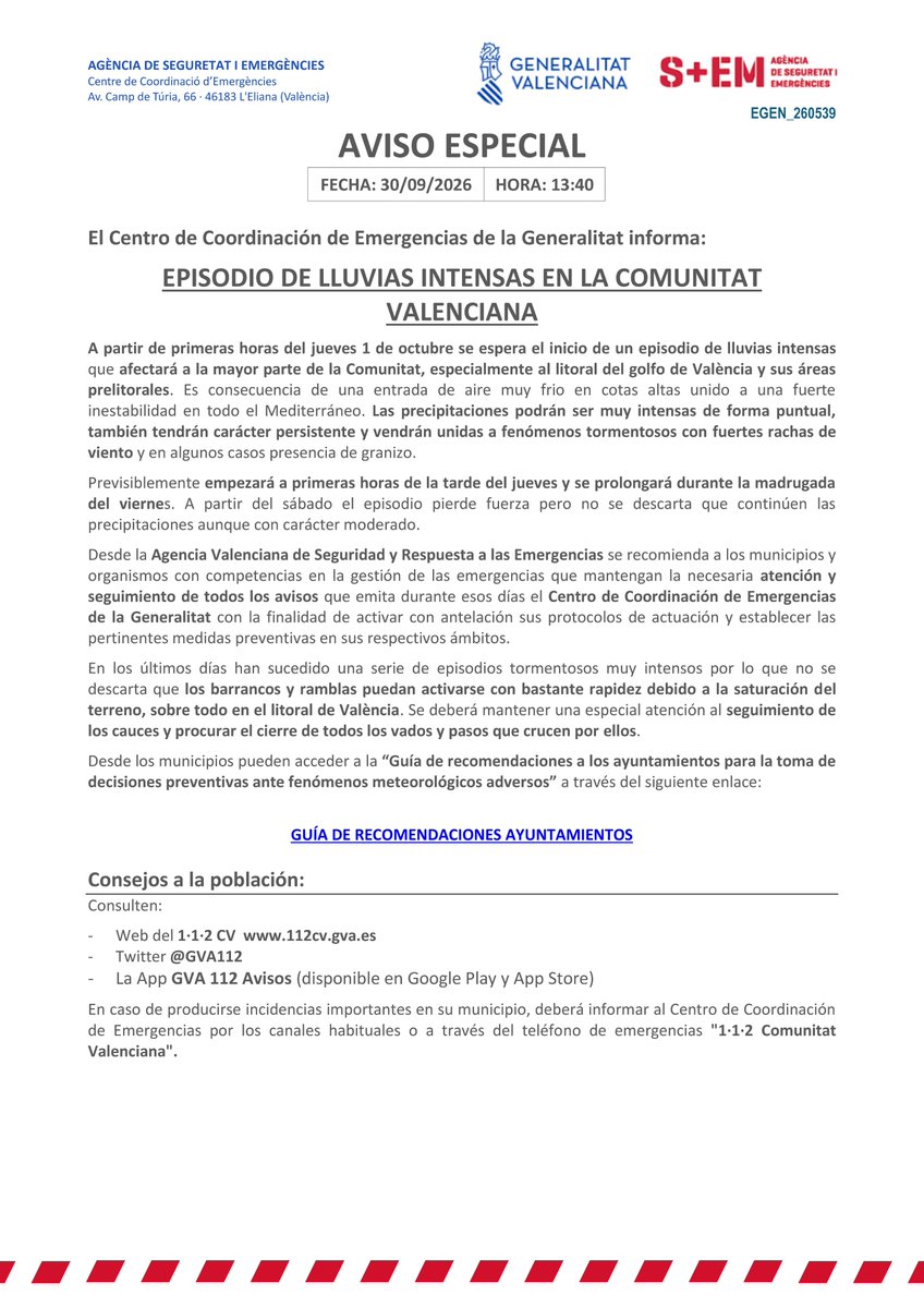 GVA112's tweet photo. 🚨El Centre de Coordinació d'Emergències de la @generalitat emet un AVÍS ESPECIAL davant l'episodi de pluges intenses que afectarà, des de primeres hores de la vesprada de demà dijous, a la major part de la Comunitat Valenciana, especialment al litoral del golf de València i les seues àrees prelitorals.

📩S'envia a tots els ajuntaments i agències responsables d'emergències.

📲S'aconsella revisar la "Guia de recomanacions als ajuntaments":
https://t.co/Y5bvMSHtP6